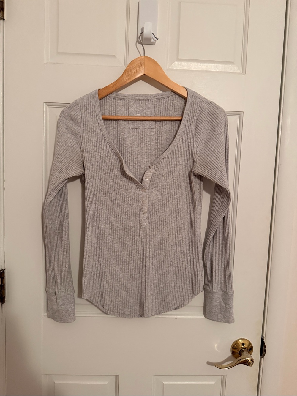 aerie Light Gray Ribbed Henley Long-Sleeve Top